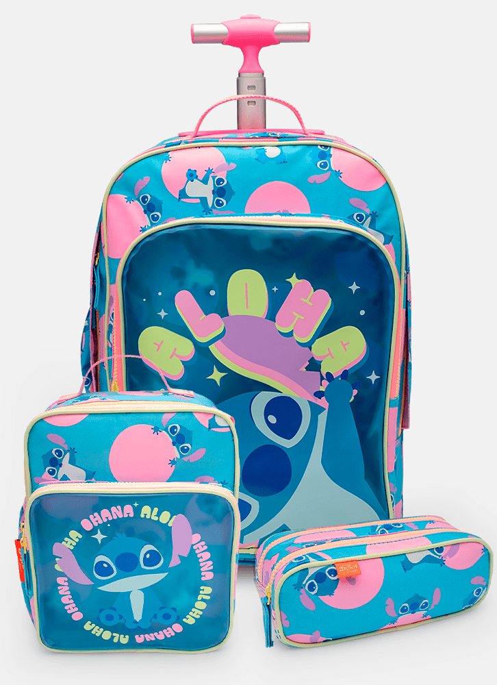Kit Mochila Com Rodinha, Lancheira e Estojo Stitch