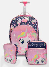 Kit Mochila com Rodinha, Lancheira e Estojo Unicórnio Encantado